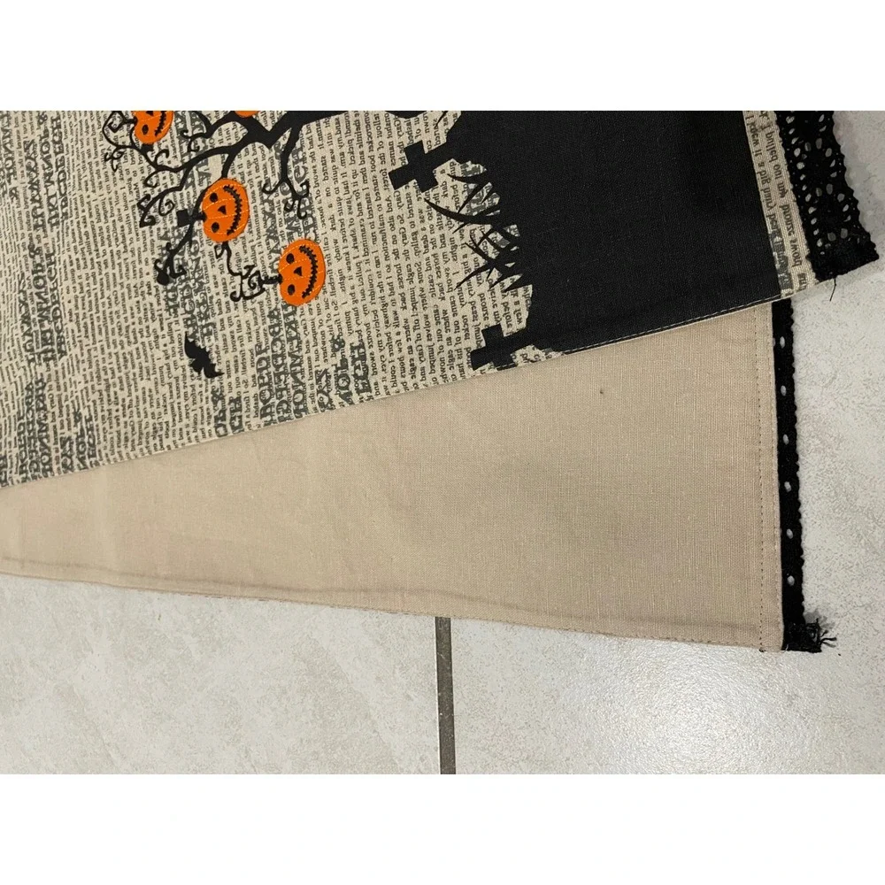 Halloween Table Runner Black Pumpkin Tree Newsprint‎ Lace Edge Decor Vintage